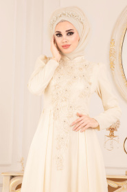 Ecru-Tesettürlü Abiye Elbise - Robe de Soirée Hijab 3705E - Thumbnail