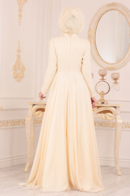 Ecru-Tesettürlü Abiye Elbise - Robe de Soirée Hijab 3705E - Thumbnail