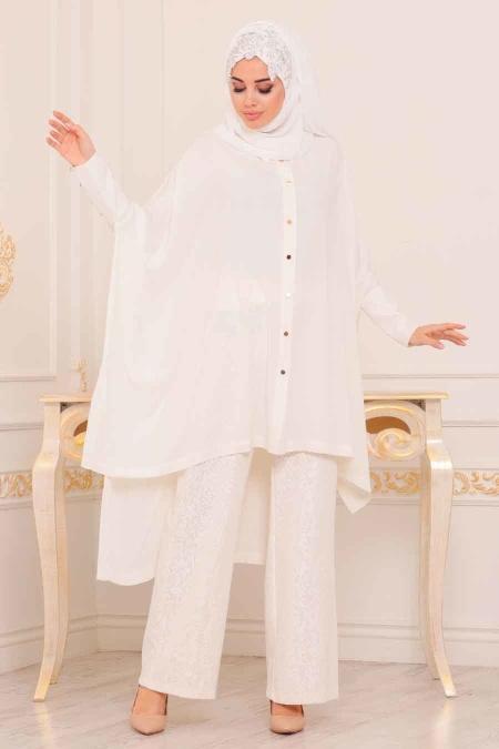 Ecru-Tesettürlü Abiye Elbise - Robe de Soirée Hijab 3754E