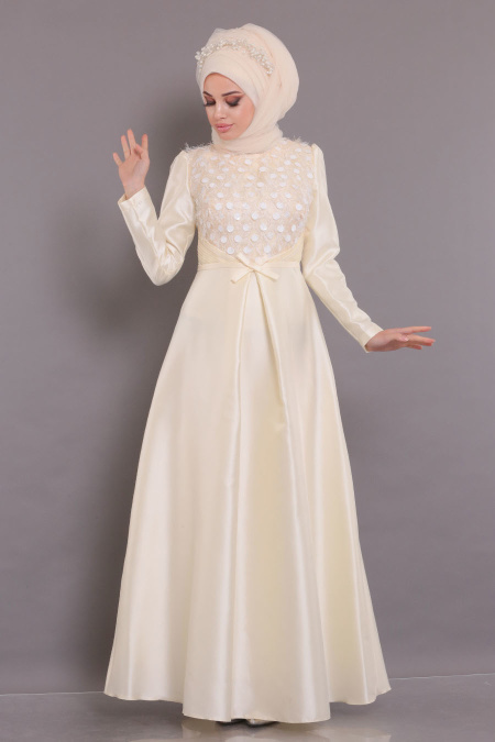 Ecru-Tesettürlü Abiye Elbise - Robe de Soirée Hijab 3755E