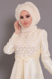 Ecru-Tesettürlü Abiye Elbise - Robe de Soirée Hijab 3755E - Thumbnail