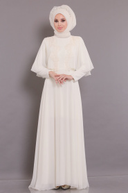 Ecru-Tesettürlü Abiye Elbise - Robe de Soirée Hijab 3762E - Thumbnail
