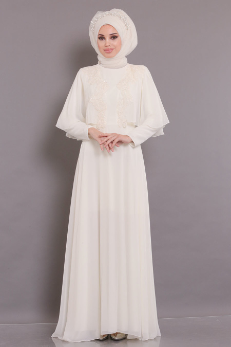 Ecru-Tesettürlü Abiye Elbise - Robe de Soirée Hijab 3762E