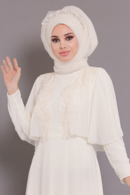 Ecru-Tesettürlü Abiye Elbise - Robe de Soirée Hijab 3762E - Thumbnail