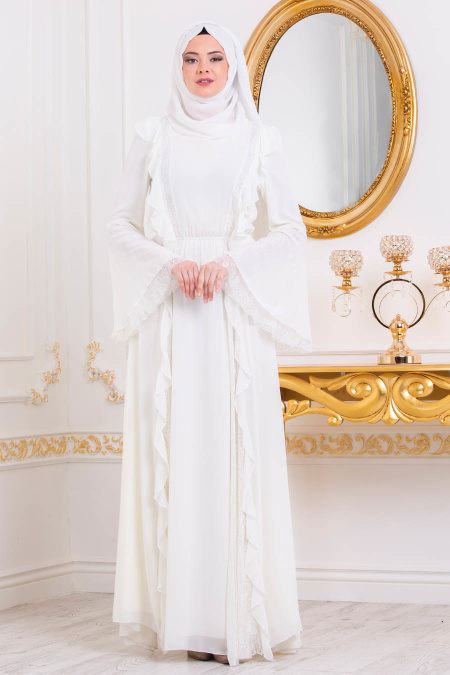 Ecru-Tesettürlü Abiye Elbise - Robe de Soirée Hijab 37820E