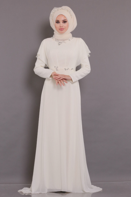Ecru-Tesettürlü Abiye Elbise - Robe de Soirée Hijab 3784E
