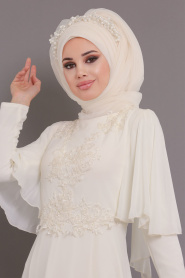 Ecru-Tesettürlü Abiye Elbise - Robe de Soirée Hijab 37870E - Thumbnail