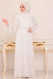 Ecru - Tesettürlü Abiye Elbise - Robe de Soirée Hijab - 3854E - Thumbnail