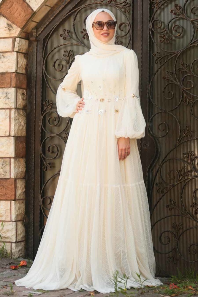 Ecru - Tesettürlü Abiye Elbise - Robe de Soirée Hijab - 38940E - 1