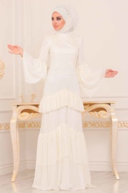 Ecru - Tesettürlü Abiye Elbise - Robe de Soirée Hijab - 39010E - Thumbnail