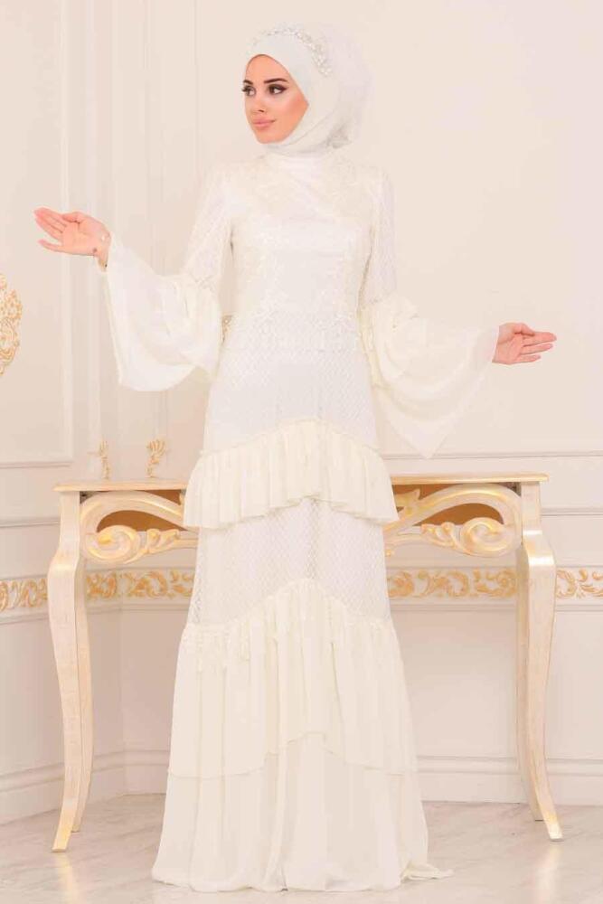 Ecru - Tesettürlü Abiye Elbise - Robe de Soirée Hijab - 39010E - 1