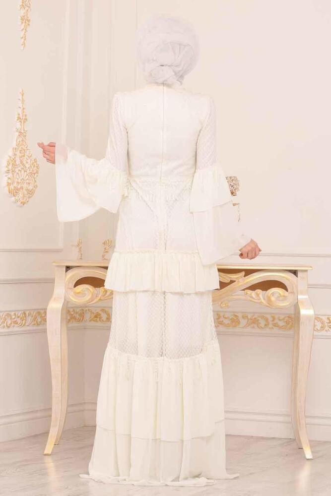 Ecru - Tesettürlü Abiye Elbise - Robe de Soirée Hijab - 39010E - 2