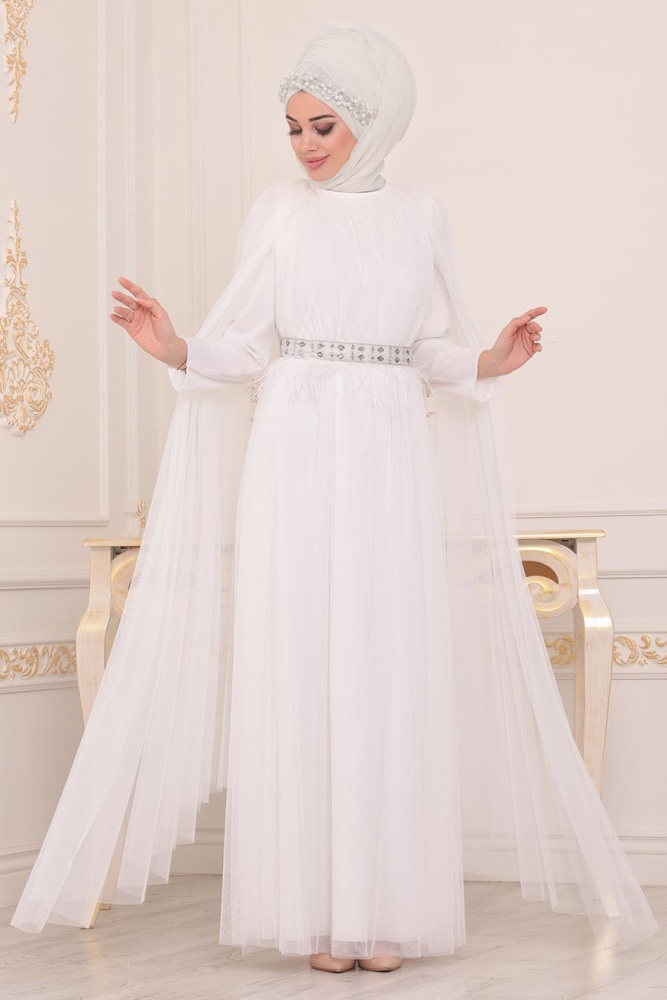 Ecru - Tesettürlü Abiye Elbise - Robe de Soirée Hijab - 3906E - 1
