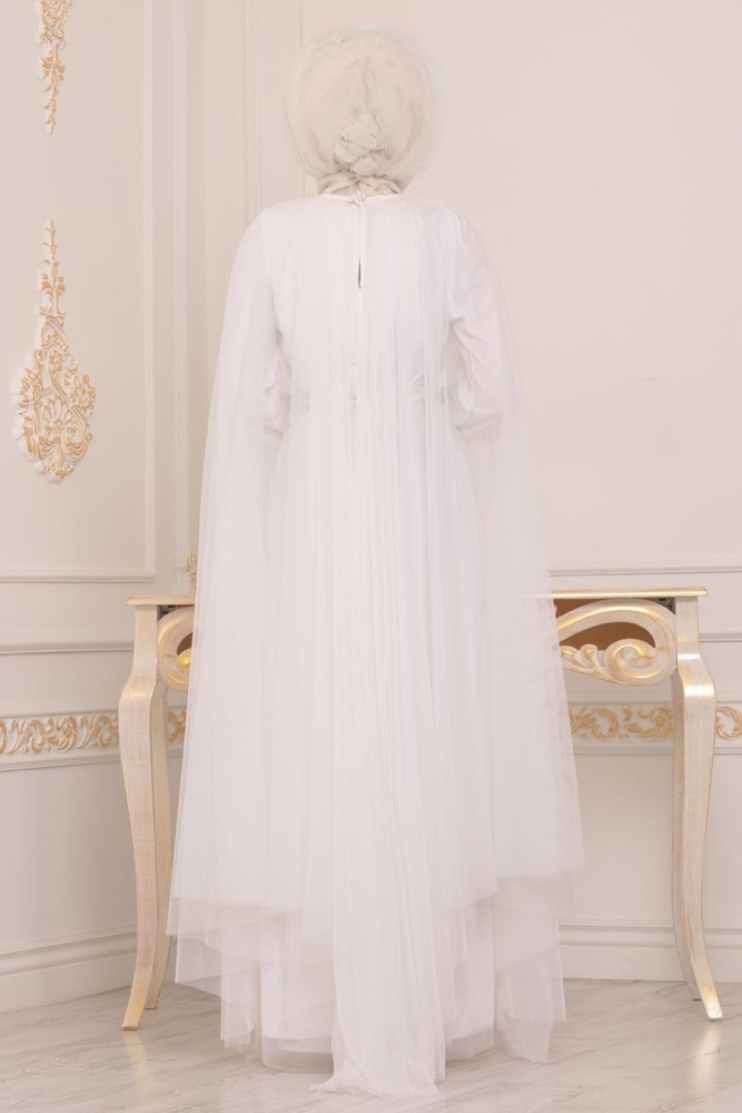 Ecru - Tesettürlü Abiye Elbise - Robe de Soirée Hijab - 3906E - 2
