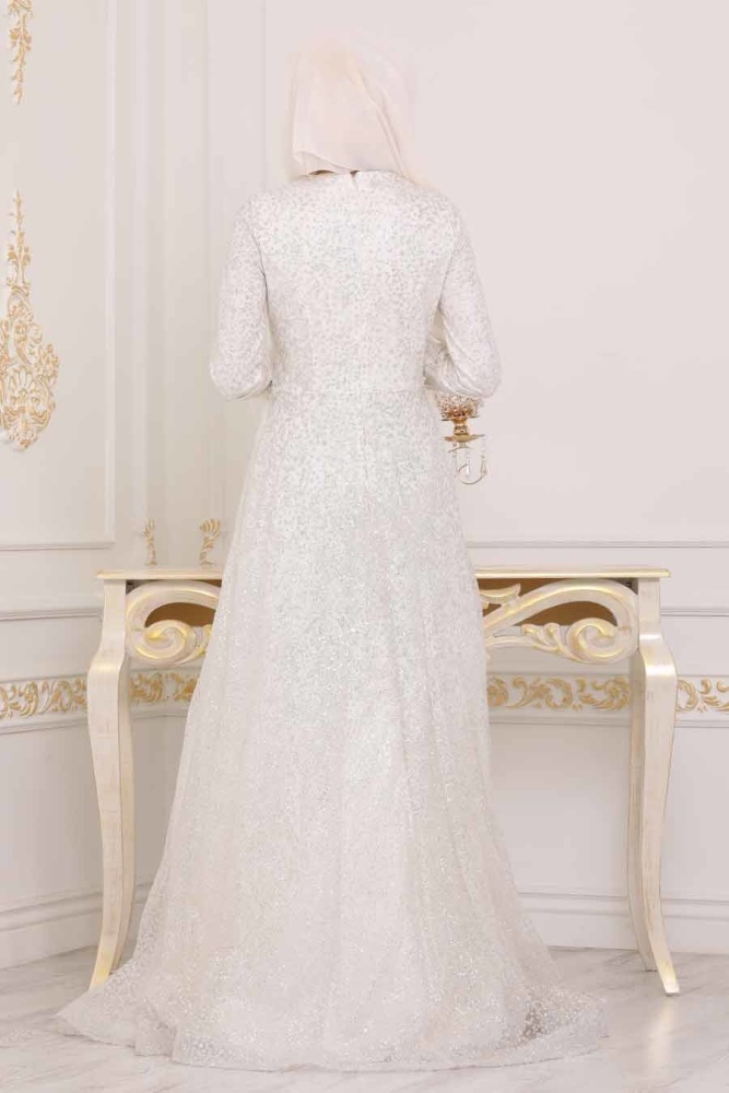 Ecru - Tesettürlü Abiye Elbise - Robe de Soirée Hijab - 3935E - 3