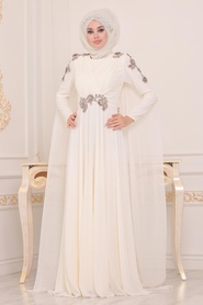 Ecru - Tesettürlü Abiye Elbise - Robe de Soirée Hijab - 3937E - Thumbnail