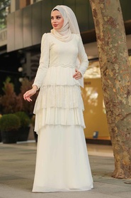 Ecru - Tesettürlü Abiye Elbise - Robe de Soirée Hijab - 39410E - Thumbnail