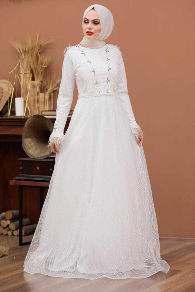 Ecru - Tesettürlü Abiye Elbise - Robe de Soirée Hijab - 39430E - 1