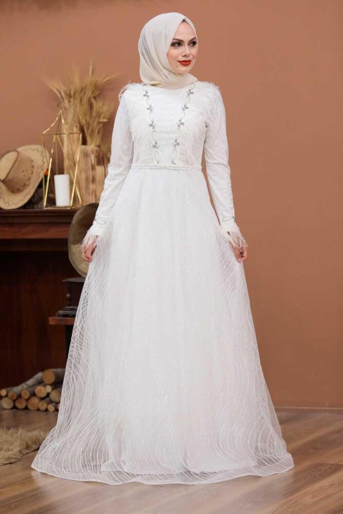 Ecru - Tesettürlü Abiye Elbise - Robe de Soirée Hijab - 39430E - 2