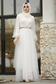 Ecru - Tesettürlü Abiye Elbise - Robe de Soirée Hijab - 39480E - Thumbnail