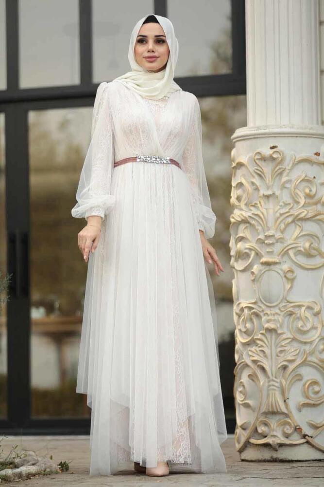 Ecru - Tesettürlü Abiye Elbise - Robe de Soirée Hijab - 39480E - 1