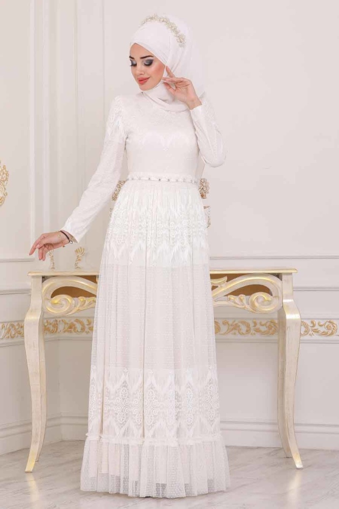 Ecru - Tesettürlü Abiye Elbise - Robe de Soirée Hijab - 3961E - 1