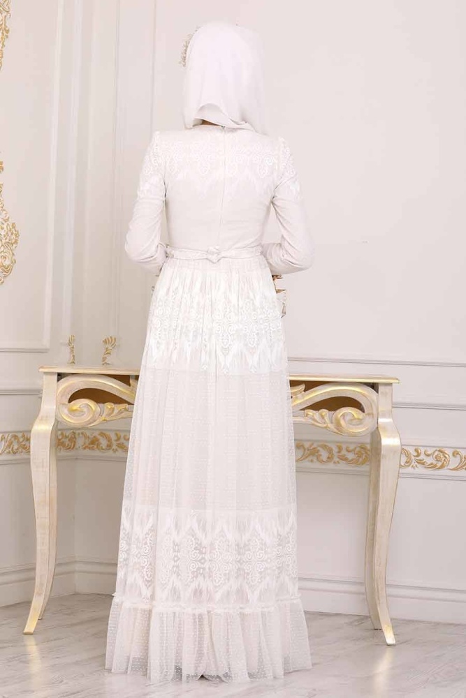 Ecru - Tesettürlü Abiye Elbise - Robe de Soirée Hijab - 3961E - 2