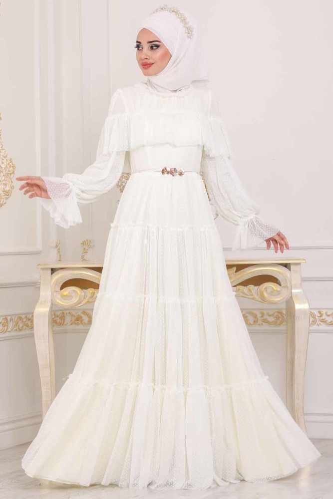 Ecru - Tesettürlü Abiye Elbise - Robe de Soirée Hijab - 3975E - 1