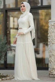 Ecru - Tesettürlü Abiye Elbise - Robe de Soirée Hijab - 3980E - Thumbnail