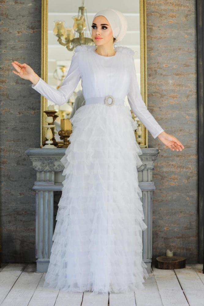 Ecru - Tesettürlü Abiye Elbise - Robe de Soirée Hijab - 3981E - 1