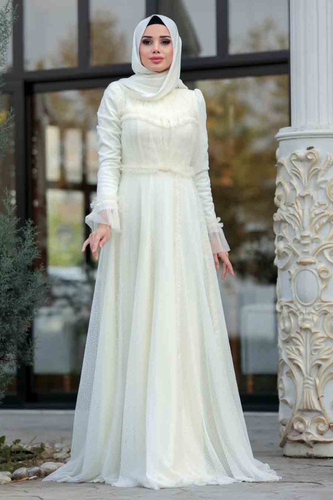 Ecru - Tesettürlü Abiye Elbise - Robe de Soirée Hijab - 39850E - 1