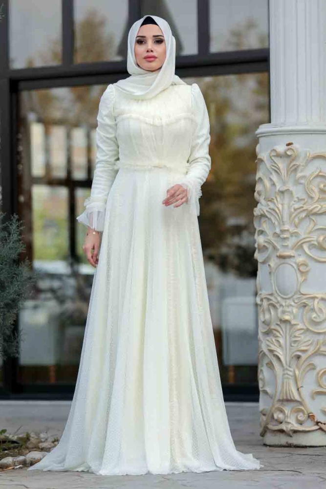 Ecru - Tesettürlü Abiye Elbise - Robe de Soirée Hijab - 39850E - 2