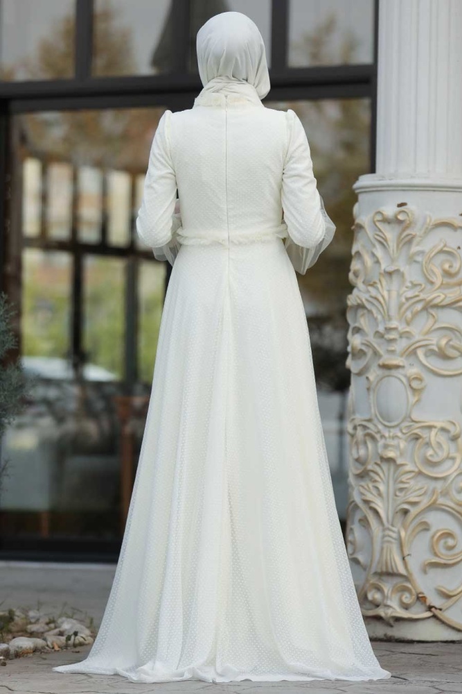 Ecru - Tesettürlü Abiye Elbise - Robe de Soirée Hijab - 39850E - 3