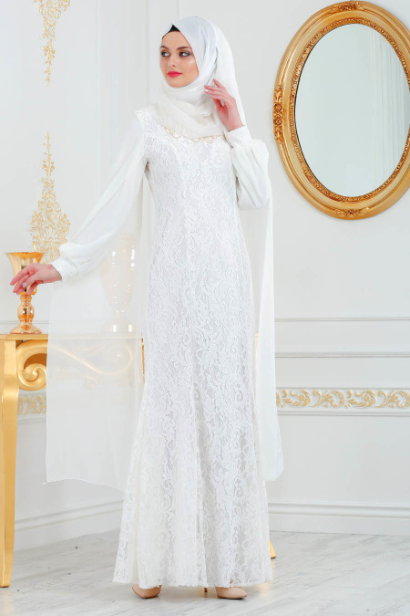 Ecru - Tesettürlü Abiye Elbise - Robe de Soirée Hijab 40180E