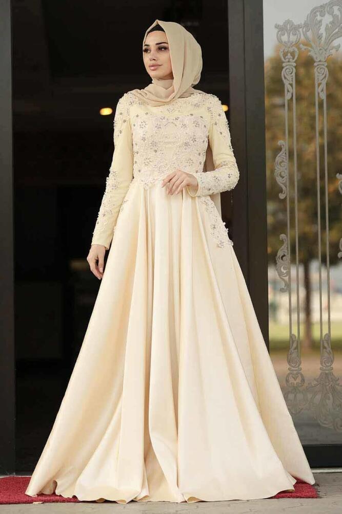 Ecru - Tesettürlü Abiye Elbise - Robe de Soirée Hijab - 45740E - 1