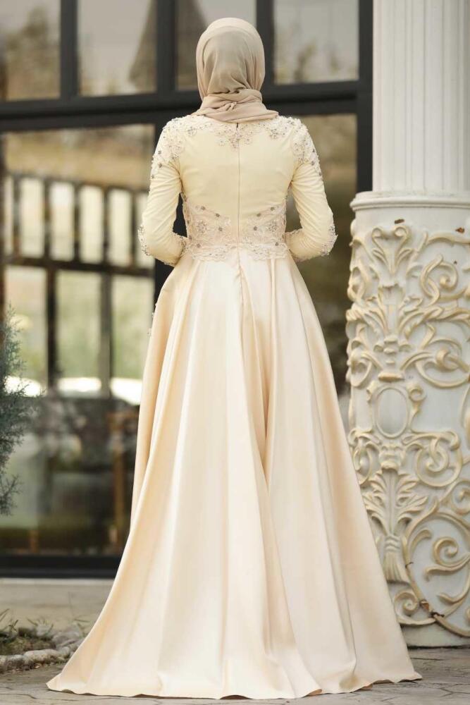 Ecru - Tesettürlü Abiye Elbise - Robe de Soirée Hijab - 45740E - 2