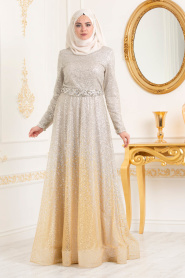 Ecru-Tesettürlü Abiye Elbise - Robe de Soirée Hijab 4581E - Thumbnail
