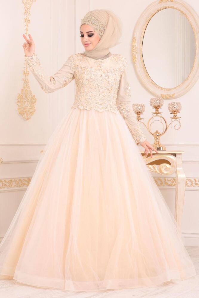 Ecru-Tesettürlü Abiye Elbise - Robe de Soirée Hijab 4702E - 1