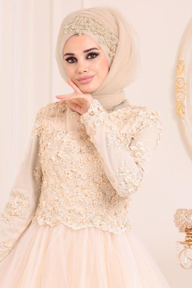 Ecru-Tesettürlü Abiye Elbise - Robe de Soirée Hijab 4702E - 2