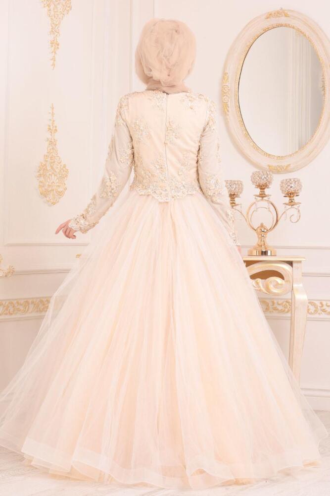 Ecru-Tesettürlü Abiye Elbise - Robe de Soirée Hijab 4702E - 3