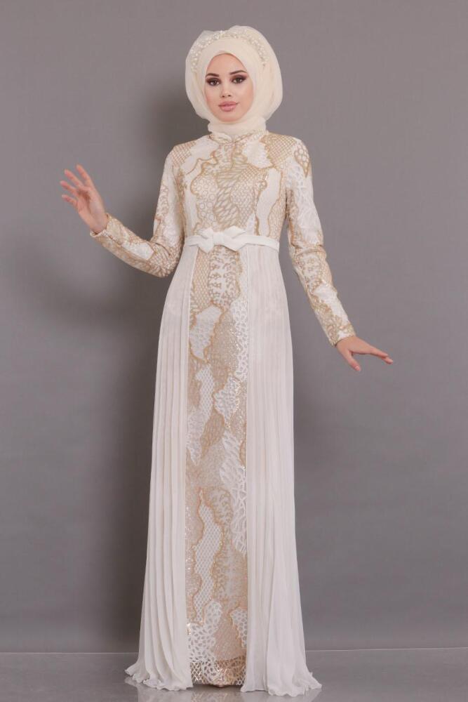 Ecru-Tesettürlü Abiye Elbise - Robe de Soirée Hijab 8384E - 1