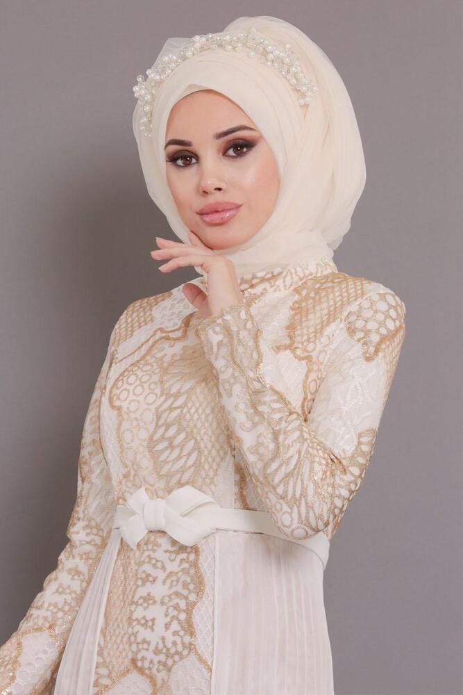 Ecru-Tesettürlü Abiye Elbise - Robe de Soirée Hijab 8384E - 2