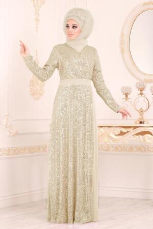 Ecru - Tesettürlü Abiye Elbise - Robe de Soirée Hijab 85550E - 1