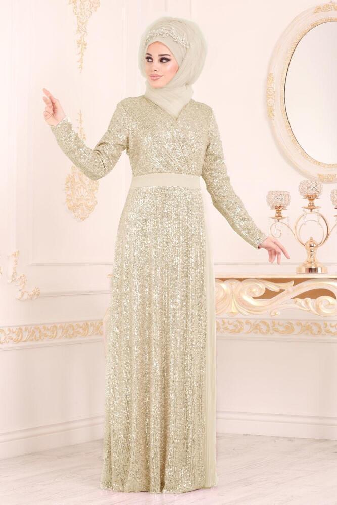 Ecru - Tesettürlü Abiye Elbise - Robe de Soirée Hijab 85550E - 1