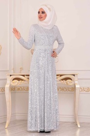 Ecru - Tesettürlü Abiye Elbise - Robe de Soirée Hijab - 8582E - Thumbnail