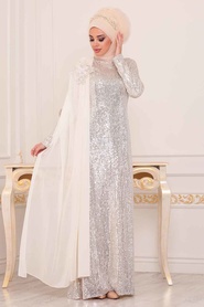 Ecru - Tesettürlü Abiye Elbise - Robe de Soirée Hijab - 86150E - Thumbnail