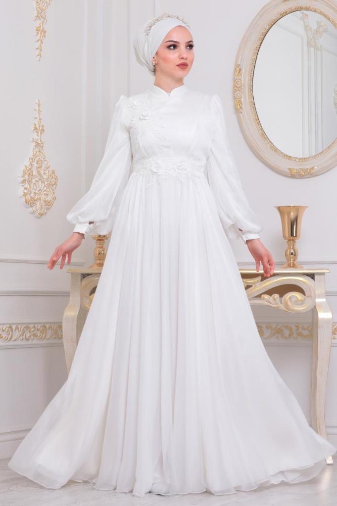 Ecru- Tesettürlü Abiye Elbise - Robes de Soirée Hijab - 22198E - 1