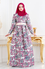 Ecru - Tesettürlü Abiye Elbise - Robes de Soirée Hijab 24411E - Thumbnail