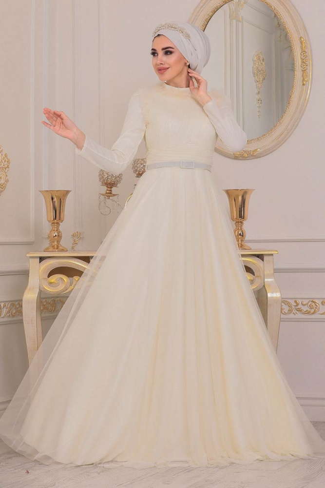 Ecru- Tesettürlü Abiye Elbise - Robes de Soirée Hijab - 39890E - 1