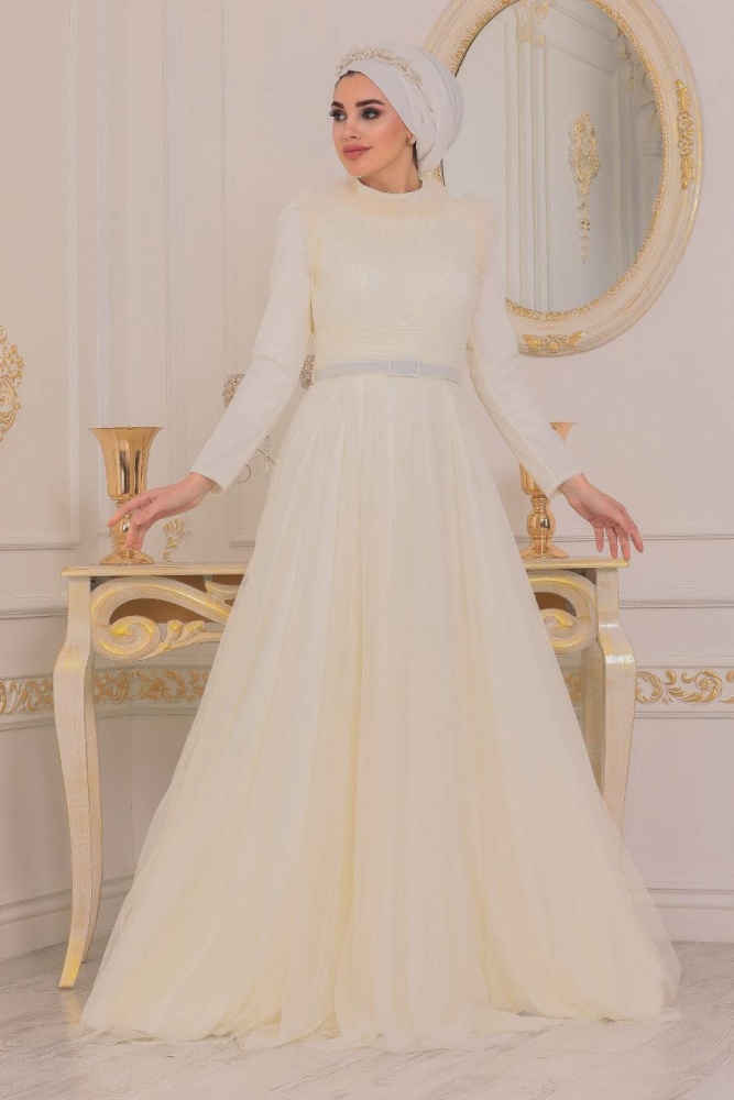 Ecru- Tesettürlü Abiye Elbise - Robes de Soirée Hijab - 39890E - 2